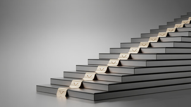 Metal step progress path success ladder milestone ribbon goal marker sleek design minimal style modern concept silver stair glowing accent
