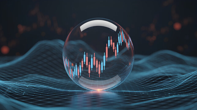 Crystal ball market oracle data mesh wave grid candlestick finance analytics forecast volatility glow