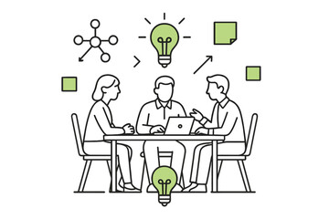 Team collaboration meeting brainstorming new business ideas and creative solutions with lightbulb symbols