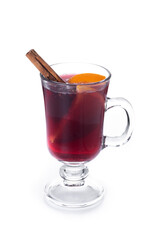 Mulled Wine with Orange and Cinnamon Sticks and Christmas decoration isolated on white background