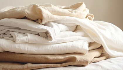 Stack of folded linen sheets in various neutral colors