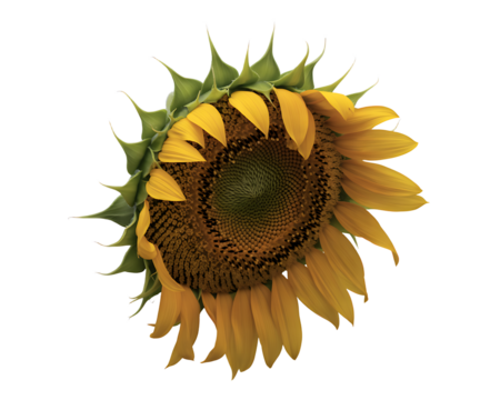 A single sunflower with yellow petals and a dark center, isolated on a transparent background