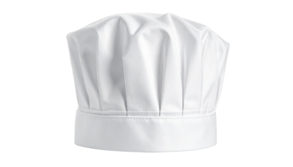 A classic white chef's hat, standing upright against a dark background. Wrinkles and folds give it texture