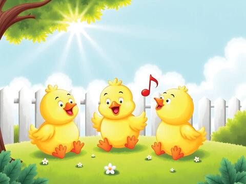 Three Little Chicks Chirping Happily in Garden