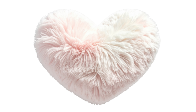 Fluffy heart-shaped pillow, soft pastel pink and white hues with a fur-like texture against a dark, contrasting background