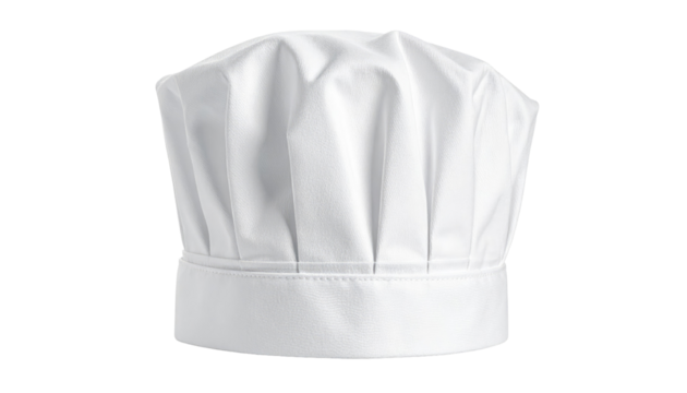A classic white chef's hat, standing upright against a dark background. Wrinkles and folds give it texture