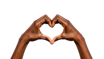 Dark-skinned hands form a heart shape against a black background, expressing love and connection with organic simplicity