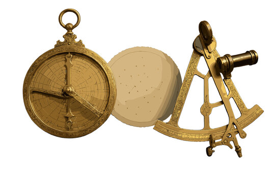 Vintage brass astrolabe and sextant, historical astronomical instruments used for navigation and mapping