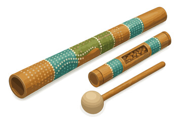 Traditional Australian musical instruments set: didgeridoo, shaker, and mallet with Aboriginal dot painting