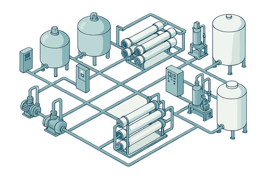 Isometric view of industrial water purification and filtration system with tanks and pumps