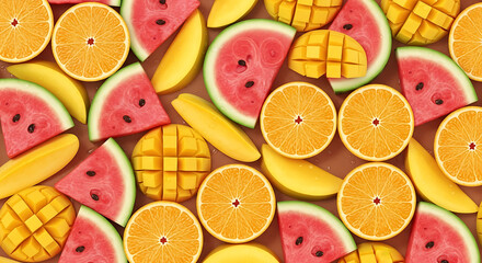 Vibrant Assortment of Fresh Tropical Fruits Scattered on a Light Brown Surface