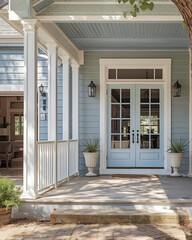 sunlit porch, bright home front, pastel door color, clean white siding, home design inspiration, porch architecture, airy exterior, open garage view, glass entry doors, elegant home look, neat lawn fr
