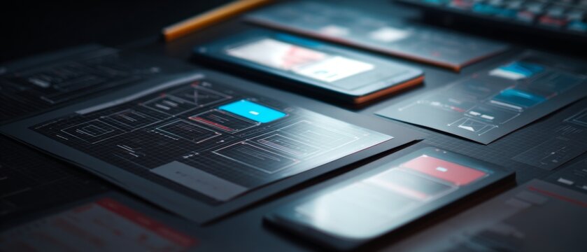 Creative minds unite: crafting exceptional mobile interfaces. Rule thirds. Design dynamic: enriching mobile apps with interactive wireframes. Blank background. Strong contrast.