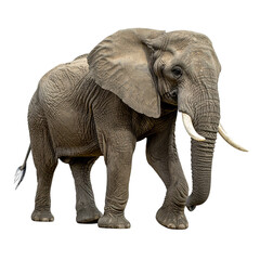 Fototapeta premium Majestic Elephant in Motion: This awe-inspiring image captures a massive elephant, in mid-stride, showcasing its immense size, textured skin, and powerful tusks.