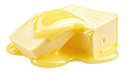 A block of butter, partially melted, rests against another piece, glistening with liquid against a dark backdrop