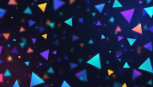 Floating, colorful triangles of various sizes and hues dance against a gradient blue backdrop