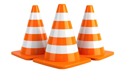 Three traffic cones with orange and white stripes standing on a black background