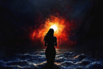 Obraz premium silhouette of a woman standing in the ocean facing a fiery, glowing sun with dark waves surrounding her under a dramatic night sky
