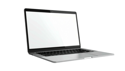 Sleek silver laptop open on black, presenting a blank white screen, facing left, angled perspective, modern tech display