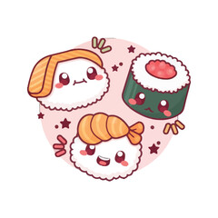 Cute Kawaii Sushi Characters Vector Illustration.