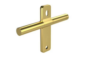 Polished brass T-shaped handle, vertical plate with mounting holes, horizontal rounded grip on a black background