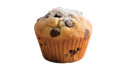 A delicious chocolate chip muffin, perfectly baked and dusted with powdered sugar, isolated on transparent background