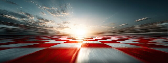 A red-and-white checkered plane stretches towards the horizon as the sun sets amidst cloudy skies