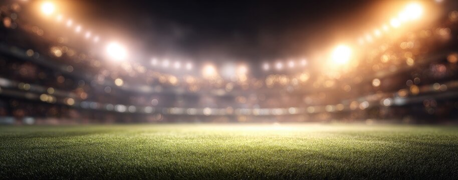 A blurred image of a stadium at night, with bright floodlights illuminating the green grass field - Powered by Adobe