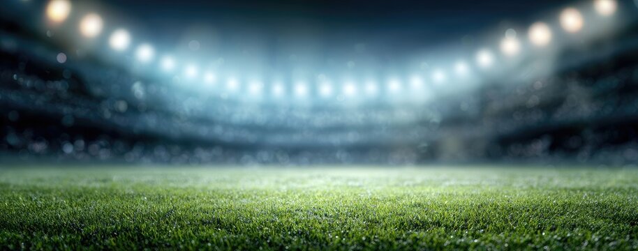 A wide-angle shot of a stadium field at night, bathed in bright light from overhead fixtures - Powered by Adobe