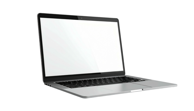 Sleek silver laptop open on black, presenting a blank white screen, facing left, angled perspective, modern tech display - Powered by Adobe
