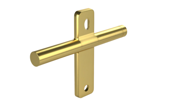 Polished brass T-shaped handle, vertical plate with mounting holes, horizontal rounded grip on a black background