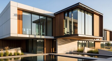 Modern Luxury Home with Reflecting Pool and Expansive Glass Windows.