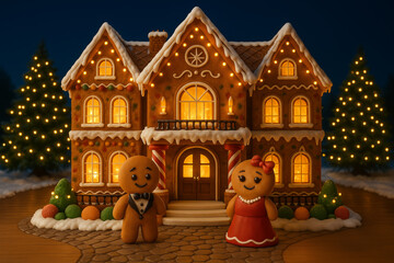  Gingerbread Couple in Front of Festive Christmas Gingerbread House Mansion, Cute Holiday Scene
