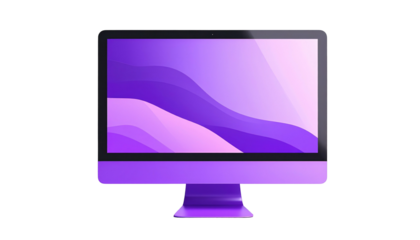 Purple computer monitor displaying abstract waves on the screen, isolated against a black background
