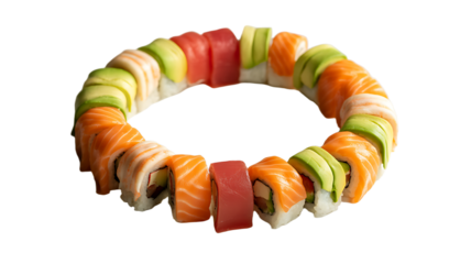 A colorful sushi roll arrangement resembling a bracelet, isolated on transparent background