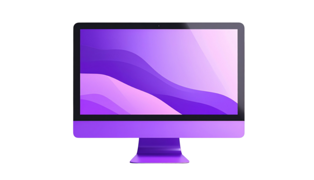 Purple computer monitor displaying abstract waves on the screen, isolated against a black background