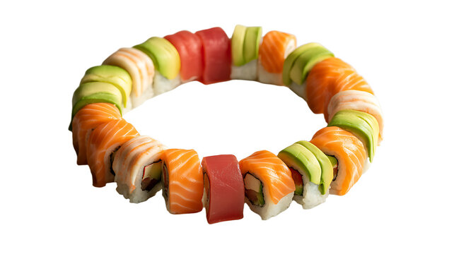 A colorful sushi roll arrangement resembling a bracelet, isolated on transparent background - Powered by Adobe