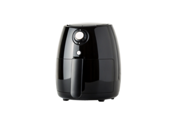 Black air fryer with temperature dial and basket handle, modern kitchen appliance, isolated on a transparent background