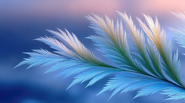 Close up of frost crystals on a delicate grass seed head with soft blue and pink background light during winter macro photography