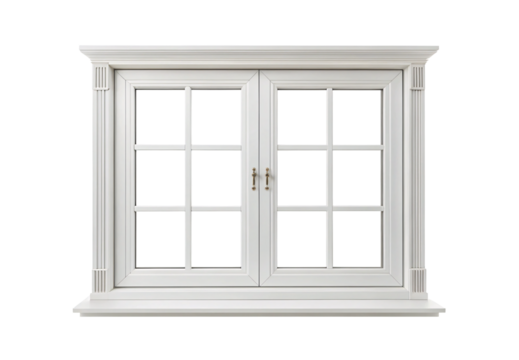 White wooden window frame with decorative molding, double casement style with brass hardware, isolated on a transparent background