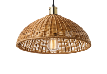 Woven rattan pendant light shade with brass hardware, dome shaped natural fiber fixture, isolated on a transparent background