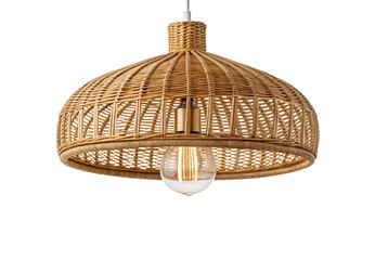 Natural wicker pendant lamp with woven texture, dome design with visible Edison bulb inside, isolated on a transparent background