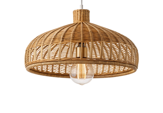 Natural wicker pendant lamp with woven texture, dome design with visible Edison bulb inside, isolated on a transparent background