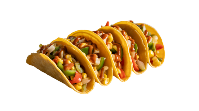 A row of delicious tacos filled with fresh ingredients, isolated on transparent background