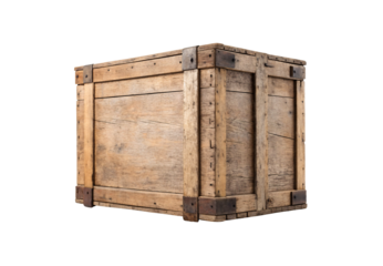 Weathered wooden shipping crate with metal corner brackets and reinforced edges, rustic vintage storage box, isolated on a transparent background