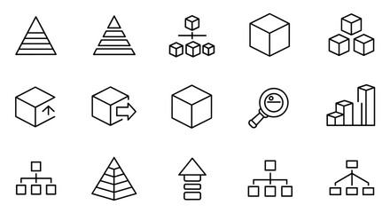 Collection of conceptual line icons representing business growth, data analysis, and organizational structure, featuring pyramids, cubes, flowcharts, and bar graphs, ideal for web design, app