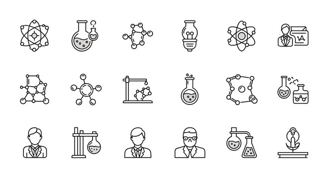 Modern Chemistry Line Icon Set: A Comprehensive Collection Featuring Chemical Compounds, Laboratory Equipment, Atoms, and Scientific Illustrations for Web, Apps, and Design Projects, Representing