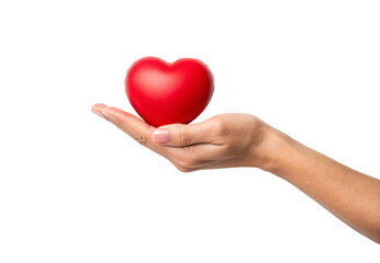 Hand presenting red heart symbol, open palm holding glossy cardiovascular shape representing love and health concept, isolated on a transparent background