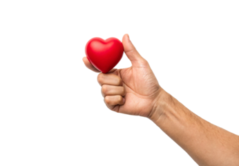 Hand squeezing red heart-shaped stress ball, fist gripping cardiovascular health symbol, finger pressure on cardiac object, isolated on a transparent background