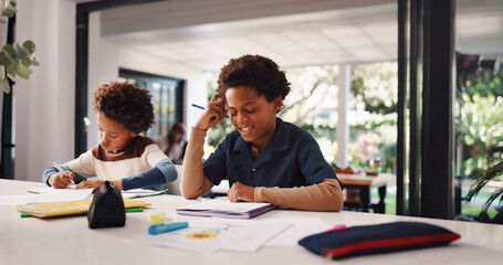 Obraz premium Thinking, homework and children in house with education, learning or studying for test together. Writing, book and kids with knowledge for school assignment, assessment or exam by desk in apartment.